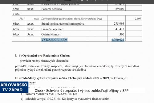 Cheb: Schválený rozpočet i výhled zohledňuje příjmy z SPP (TV Západ)